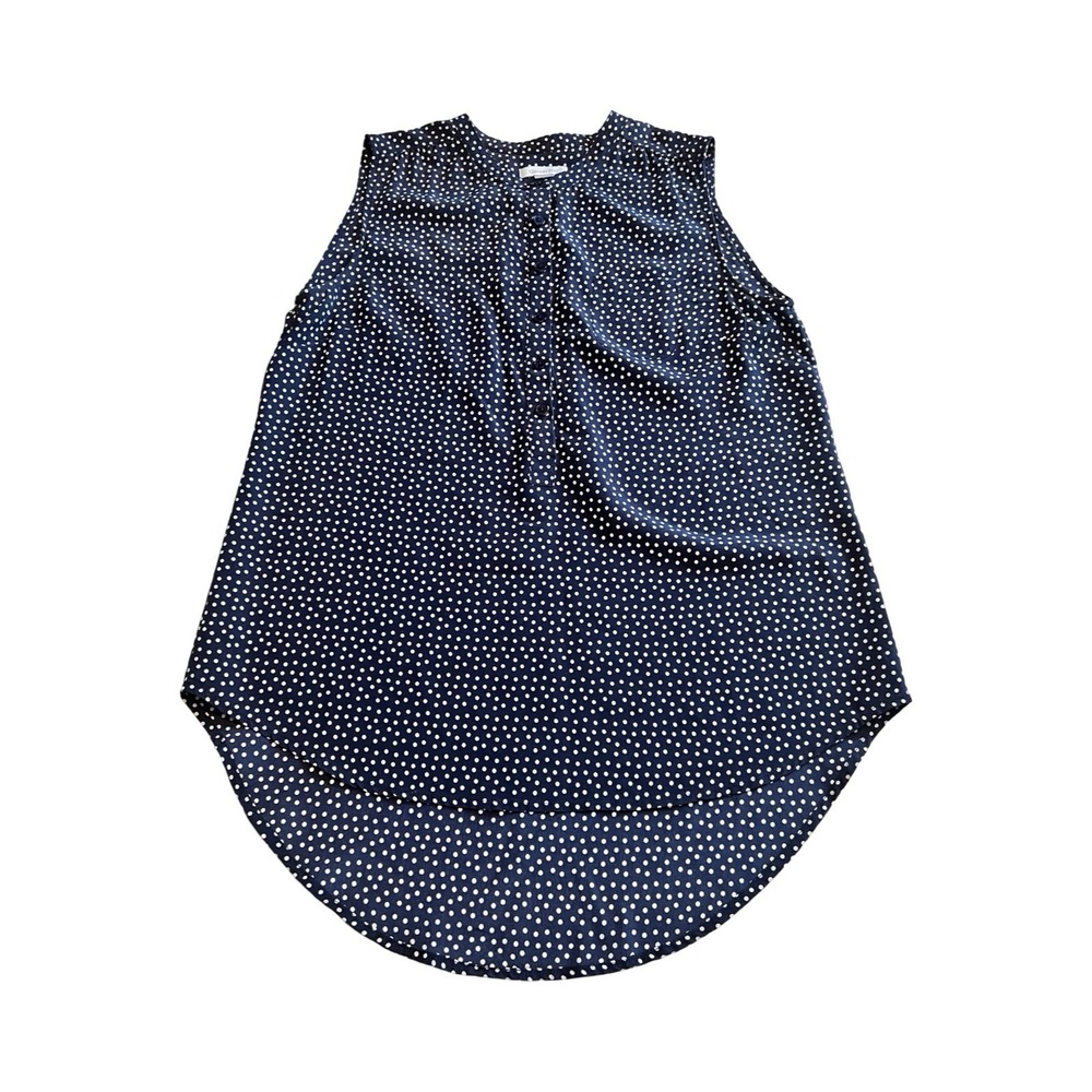 Garnet Hill Navy White Polka Dot 100% Silk Sleeveless Blouse High Low Hem Size 4